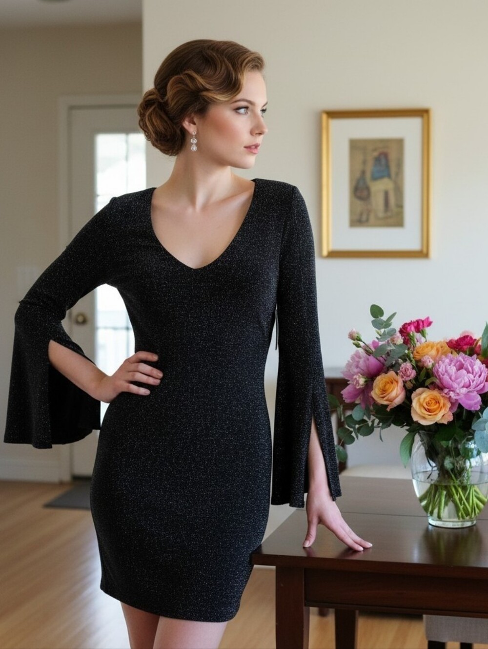 Charlotte Russe Sparkling Elegance Black Cutout‑Sleeve Mini Dress Size Medium
